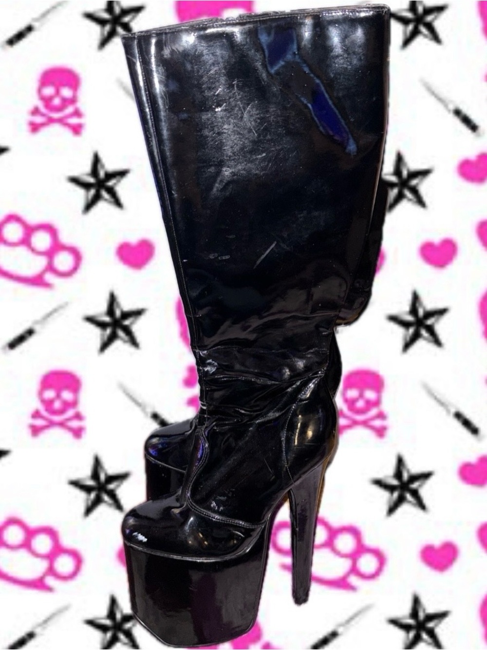 Black Patent Platform Knee-High Boots -